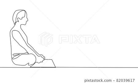 Yoga, woman, man practices yoga while sitting in the lotus position. Continuous line drawing 82039617