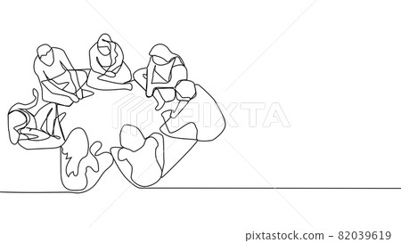 Continuous line drawing group of people sitting, standing, meeting and support. 82039619