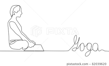Yoga, woman, man practices yoga while sitting in the lotus position. Continuous line drawing 82039620