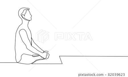 Yoga, woman, man practices yoga while sitting in the lotus position. Continuous line drawing 82039623