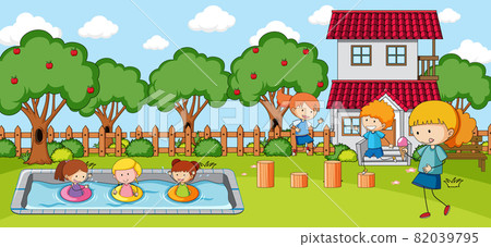Outdoor scene with many kids playing in the park - Stock Illustration ...