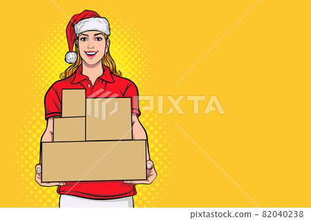 Courier woman in red santa claus Delivery service  holding boxes 82040238