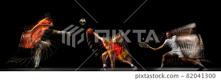 Collage of images of proffesional soccer football, basketball and tennis player in motion isolated on dark background with stroboscoper effect. 82041300