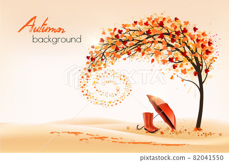 Hello a gold autumn. Autumn landscape with colorful leaves on the tree and umbrella with rain boots in a park on a background. Vector Hello a gold autumn. Autumn landscape with colorful leaves on the tree and umbrella with rain boots in a park on a background. Vector 82041550