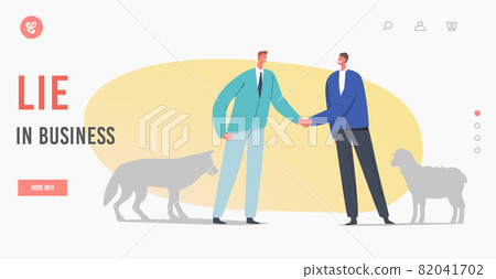 Lie Business Landing Page Template. Betrayal, False Agreement or Dangerous Friendship Concept. Partners Wolf and Sheep 82041702