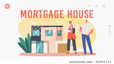 Man Client Choose Home for Mortgage Landing Page Template. Real Estate Property. Realtor Selling House to Male Character 82043151