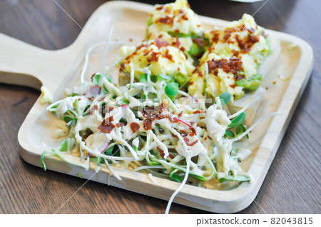 salad and avocado toast ,sunflower sprout salad with bacon topping salad and avocado toast ,sunflower sprout salad with bacon topping 82043815