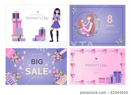 Card for the international mother s day Vector illustration for March 8 with flowers and greetings. Banner with the number 8 and text. A woman holds a little girl in her arms, mother and daughter Card for the international mother s day Vector illustration for March 8 with flowers and greetings. Banner with the number 8 and text. A woman holds a little girl in her arms, mother and daughter 82043830