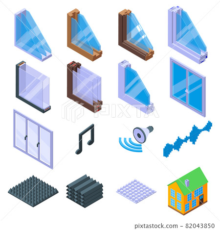 Soundproofing icons set, isometric style Soundproofing icons set, isometric style 82043850