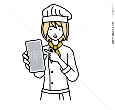 A cook woman standing and pointing at her smartphone A cook woman standing and pointing at her smartphone 82044353