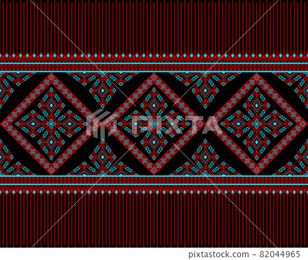 Red Turquoise Symmetry Geometric Native or Tribe Seamless Pattern on Black Background 82044965