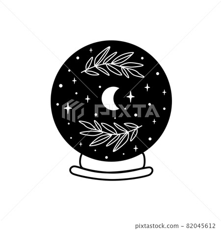 Moon into crystal ball. Celestial moon, stars, floral branch. Mystical moon witch graphic element isolated. Celestial crescent illustration. Mystery, witchcraft, halloween symbol. Magic ball. Moon into crystal ball. Celestial moon, stars, floral branch. Mystical moon witch graphic element isolated. Celestial crescent illustration. Mystery, witchcraft, halloween symbol. Magic ball. 82045612