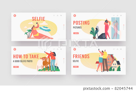 Young People Taking Selfie Landing Page Template Set. Happy Characters Shoot Photo during Summer Vacation on Beach Young People Taking Selfie Landing Page Template Set. Happy Characters Shoot Photo during Summer Vacation on Beach 82045744
