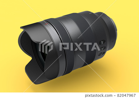 Modern nonexistent DSLR macro camera lens on yellow background Modern nonexistent DSLR macro camera lens on yellow background 82047967