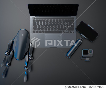 Top view of designer workspace and photography gear on black table background Top view of designer workspace and photography gear on black table background 82047968