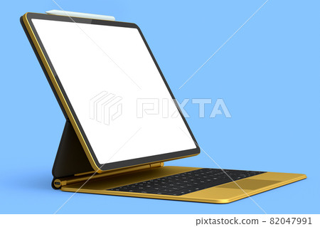 Computer tablet with gold keyboard and blank screen isolated on blue background. Computer tablet with gold keyboard and blank screen isolated on blue background. 82047991