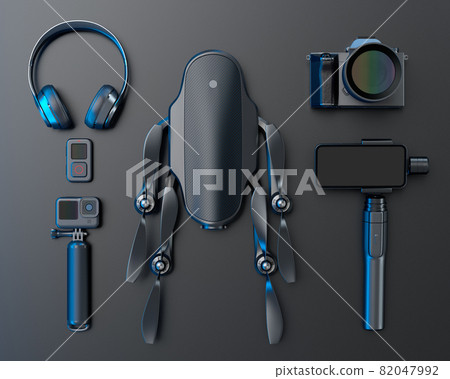 Top view of designer workspace and photography gear on black table background Top view of designer workspace and photography gear on black table background 82047992