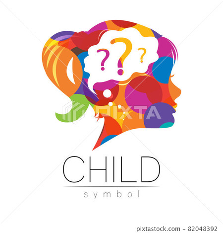 Modern logotype Kid Girl head with question inside brain . Logo Child sign of Psychology. Profile Human. Creative style. Symbol in vector. Design concept. Rainbow color isolated on white 82048392