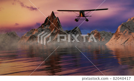 Seaplane in Glacier Lake Water surrounded by Rugged Alpine Mountain Landscape Seaplane in Glacier Lake Water surrounded by Rugged Alpine Mountain Landscape 82048417