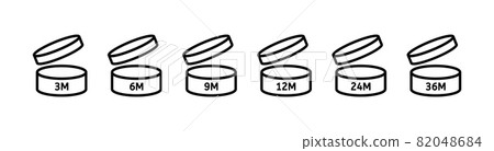 PAO icons. Period after opening. 3, 6, 9, 12, 24 36 months logo. Vector open cosmetic sign PAO icons. Period after opening. 3, 6, 9, 12, 24 36 months logo. Vector open cosmetic sign 82048684