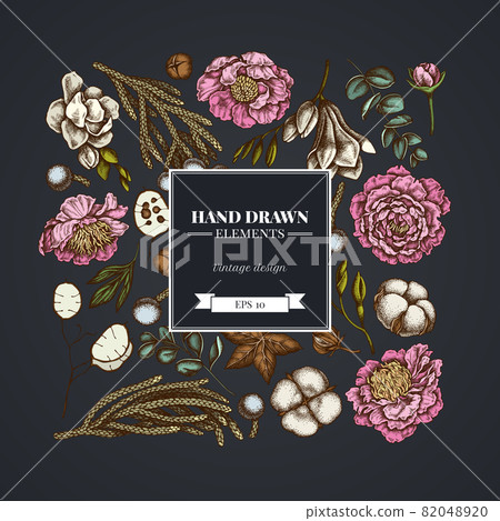 Square floral design on dark background with ficus, eucalyptus, peony, cotton, freesia, brunia Square floral design on dark background with ficus, eucalyptus, peony, cotton, freesia, brunia 82048920
