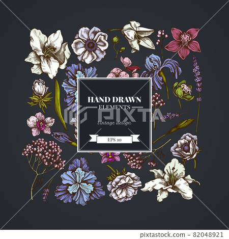 Square floral design on dark background with anemone, lavender, rosemary everlasting, phalaenopsis 82048921