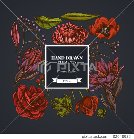 Square floral design on dark background with viburnum, hypericum, tulip, aster, leucadendron Square floral design on dark background with viburnum, hypericum, tulip, aster, leucadendron 82048923