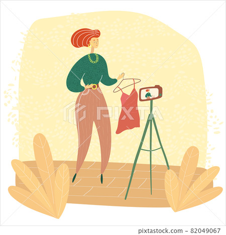 Fashion blogger shooting vlog. Stylist record video. Vogue content creation. Colored modern illustration for social media, magazines, publications, blog, posts 82049067