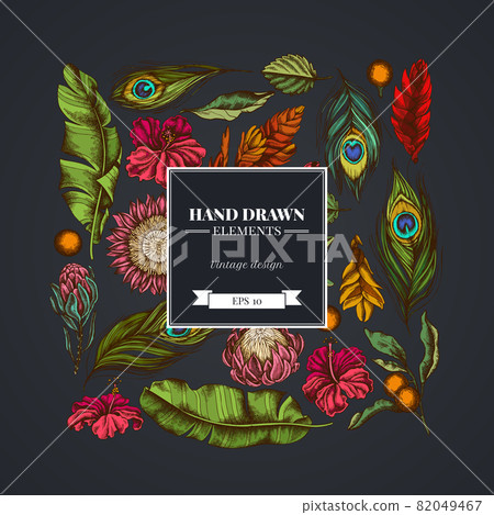 Square floral design on dark background with banana palm leaves, hibiscus, solanum, bromeliad 82049467