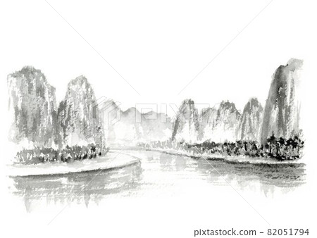 Ink painting of mountains and lakes in China 82051794
