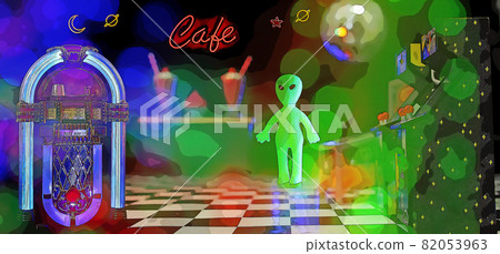 Alien Cafe Comic Style Illustration Roswell or Halloween Concept Alien Cafe Comic Style Illustration Roswell or Halloween Concept 82053963