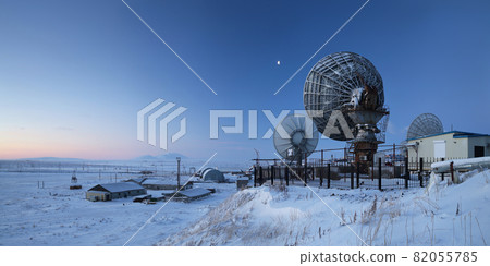 Winter panorama with large satellite dishes. Winter panorama with large satellite dishes. 82055785