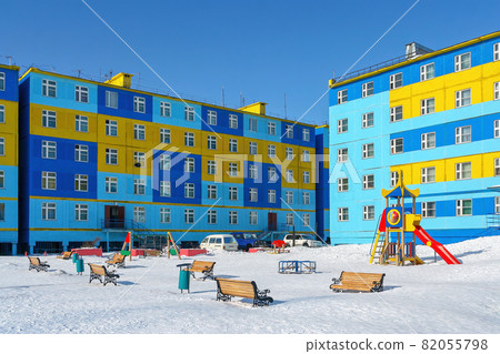 Multicolored panel buildings in the northern settlement. Ugolnye Kopi, Chukotka, Russia. 82055798