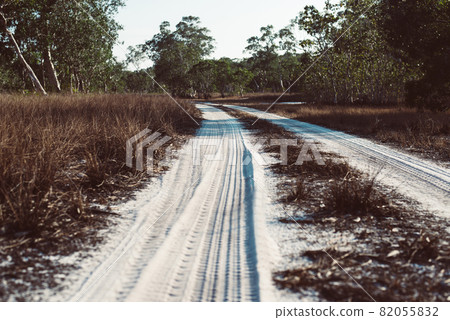 Tyre track on dirt sand or mud at forest,Off road track,Close up 82055832