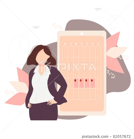 Business girl in a suit looks at the calendar of womens health and menstruation on the phone screen. Vector illustration. concept Womens health and programs on the phone Business girl in a suit looks at the calendar of womens health and menstruation on the phone screen. Vector illustration. concept Womens health and programs on the phone 82057672
