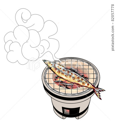 Illustration of a saury roasted on a shichirin with steam and smoke Illustration of a saury roasted on a shichirin with steam and smoke 82057778