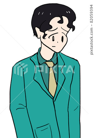 A man in a green suit with his eyebrows bent and looking down with a troubled face A man in a green suit with his eyebrows bent and looking down with a troubled face 82059394