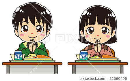 攜手共進午餐的小學男生女生 攜手共進午餐的小學男生女生 82060496