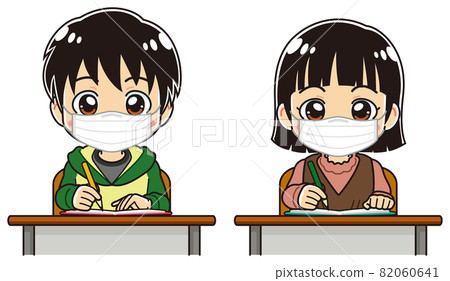 小學男生女生做筆記（戴口罩） 82060641