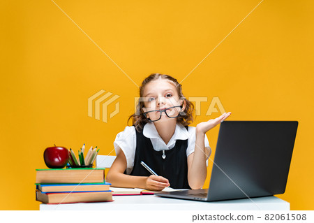 Schoolgirl in fun sitting at the desk with laptop books notebook. Distance education Schoolgirl in fun sitting at the desk with laptop books notebook. Distance education 82061508