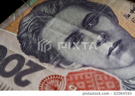 Portrait of Lesya Ukrainka in 200 hryvnia banknotes. Ukrainian paper bank notes, close-up. 82064593