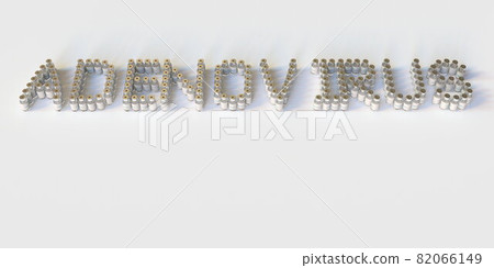 Glass vials compose ADENOVIRUS text on white background, conceptual 3D rendering 82066149