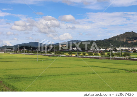 A landscape of colored rice fields, private houses and other buildings, card rail roads, cars, utility poles, electric wires, mountains, various clouds, and the blue sky 82067420