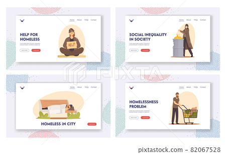 Homeless People Landing Page Template Set. Beggars Characters Begging Money, Need Help and Work, Bums Living on Street 82067528