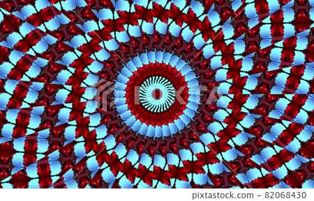 Cyan flower on pink star background. Detailed wallpaper with many circles, squares and decorative flowers in rows and columns in pink and a glowing exotic flower, star in the center in cyan color Cyan flower on pink star background. Detailed wallpaper with many circles, squares and decorative flowers in rows and columns in pink and a glowing exotic flower, star in the center in cyan color 82068430