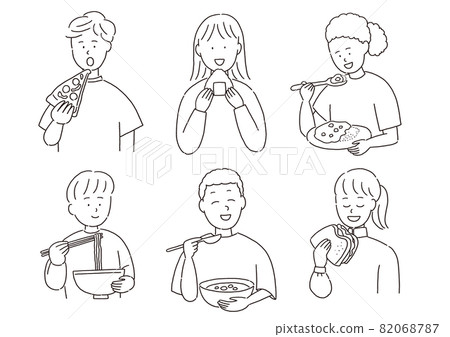 A set of boys and girls eating food from each country A set of boys and girls eating food from each country 82068787