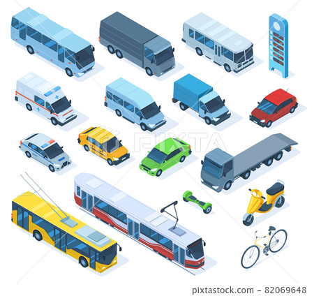 Isometric 3d transport, sedan, bus, ambulance car, truck, bicycle. Public city transport, tram, trolleybus and police car vector illustration set. Urban public vehicles 82069648