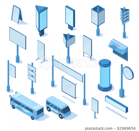 Isometric street outdoor media advertising 3d blank billboards. Empty street billboards, signage, advertising column vector illustration set. Outdoor advertising elements Isometric street outdoor media advertising 3d blank billboards. Empty street billboards, signage, advertising column vector illustration set. Outdoor advertising elements 82069656