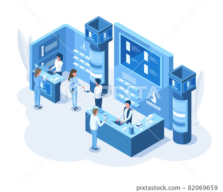 Isometric 3d expo demonstration presentation promo stand. Exhibition educational or promo information stand with expo consultant vector illustration. Expo center concept 82069659