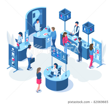 Isometric exhibition demonstration promo stands and trade stalls. Expo demonstration stand with workers and visitors vector illustration. Promo stands composition 82069665